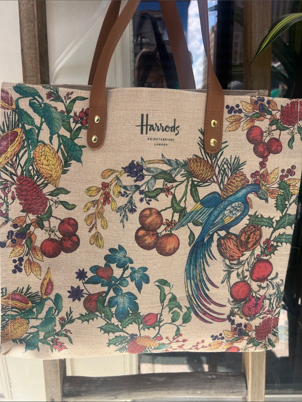 Harrods Floral & Parrot Canvas Tote with Tan Handles